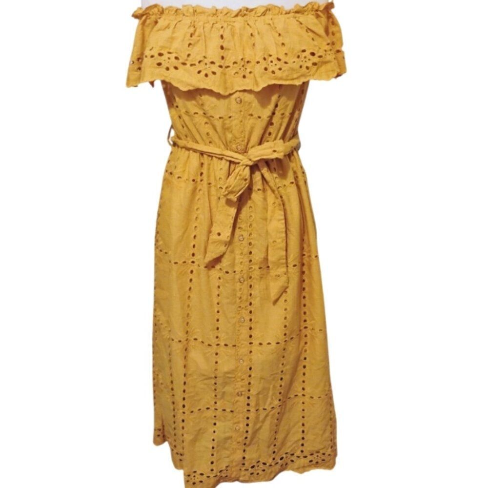 Simplee Dress Mustard Cotton Off Shoulder Ruffle Eyelet Cottage Prairie Peasant - Picture 14 of 14